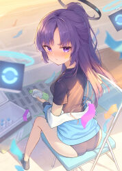 Rule 34 | 1girl, absurdres, ass, bad anatomy, bad perspective, black shirt, blue archive, blush, bottle, breasts, chair, closed mouth, drone, facial mark, halo, highres, holding, holding bottle, long hair, looking at viewer, mechanical halo, medium breasts, muwei sansan, official alternate costume, ponytail, purple eyes, purple hair, shirt, short sleeves, sitting, solo, star (symbol), sweat, water bottle, yuuka (blue archive), yuuka (track) (blue archive)