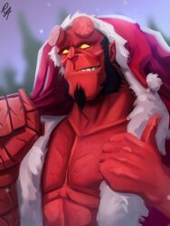Rule 34 | 1boy, absurdres, alternate costume, bara, black hair, blank eyes, christmas, colored skin, demon boy, facial hair, gift bag, goatee, hat, hellboy, hellboy (comic), highres, large pectorals, looking at viewer, male focus, mature male, muscular, muscular male, pectoral cleavage, pectorals, pointy ears, red hat, red skin, ribbions art, santa costume, santa hat, short hair, solo, sparse chest hair, thick eyebrows, thumbs up, yellow eyes