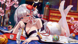 Rule 34 | 1girl, :d, alcohol, azur lane, ball, bed, bed frame, bed sheet, window blinds, blunt bangs, blush, breasts, choko (cup), cleavage, collarbone, copyright name, crescent moon, cup, d. (ddot2018), drunk, eyeshadow, feet, flower, foreshortening, hair flower, hair ornament, indoors, japanese clothes, kimono, large breasts, legs up, long hair, looking at viewer, lying, makeup, moon, night, night sky, no shoes, nose blush, off shoulder, on bed, on stomach, open mouth, petals, pink flower, revision, ribbon-trimmed legwear, ribbon trim, sake, shoukaku (azur lane), silver hair, single bare shoulder, sky, smile, solo, sweat, tassel, temari ball, thighhighs, tokkuri, tray, white kimono, white thighhighs, wind chime, window, zettai ryouiki