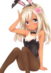 Rule 34 | 10s, 1girl, absurdres, animal ears, bare arms, bare shoulders, blonde hair, blue eyes, rabbit ears, fake animal ears, flower, go-1, hair flower, hair ornament, highres, kantai collection, long hair, open mouth, pantyhose, pink flower, playboy bunny, ro-500 (kancolle), simple background, solo, tan, white background