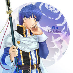 Rule 34 | 1boy, belt, blue hair, cape, character name, copyright name, closed eyes, finn (fire emblem), fire emblem, fire emblem: genealogy of the holy war, hand up, holding, holding spear, holding weapon, long sleeves, male focus, niku (amikoto), nintendo, polearm, solo, spear, upper body, weapon, white cape