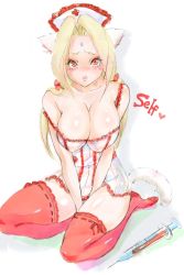 Rule 34 | 1girl, animal ears, blonde hair, breasts, cleavage, facial mark, feet, female focus, forehead mark, gradient background, large breasts, long hair, naruto, naruto (series), nurse, red eyes, red thighhighs, rimo (shunlovej), solo, thighhighs, tsunade (naruto), uniform, white background