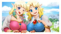 Rule 34 | 2girls, blonde hair, blue eyes, blush, bracelet, breasts, castle, chichi band, dual persona, hair tie, happy, jewelry, large breasts, long hair, medal, medallion, multiple girls, nintendo, one eye closed, open mouth, pointy ears, princess zelda, shirt, smile, taut clothes, taut shirt, the legend of zelda, the legend of zelda: a link to the past, the legend of zelda: skyward sword, wink