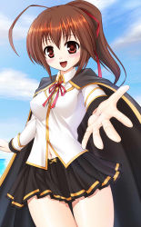 Rule 34 | 1girl, :d, ahoge, arc system works, blazblue, blazblue phase 0, blush, breasts, brown hair, cape, celica a. mercury, naoki (endofcentury102), open mouth, outstretched arm, outstretched hand, pleated skirt, red eyes, school uniform, skirt, smile, solo, thighs