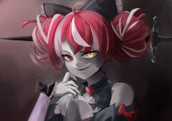 Rule 34 | 1girl, ahoge, bad id, bad twitter id, bare shoulders, black bow, black nails, bow, colored skin, commentary request, dvdraw, fingernails, grey skin, highres, hololive, hololive indonesia, kureiji ollie, nail polish, red eyes, red hair, solo, stitched face, stitched torso, stitches, sword, torn clothes, virtual youtuber, weapon, zombie