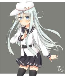 Rule 34 | 10s, 1girl, bad id, bad twitter id, belt, black thighhighs, blush, commentary request, dated, flat cap, grey eyes, hammer and sickle, hand up, hat, hibiki (kancolle), kantai collection, long hair, looking at viewer, nonono (mino), pleated skirt, school uniform, serafuku, silver hair, skirt, solo, sparkle, star (symbol), thighhighs, verniy (kancolle)