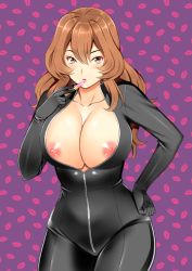 Rule 34 | 1girl, ameno shigure, bad id, bad pixiv id, black bodysuit, bodysuit, breasts, brown eyes, brown hair, catsuit, collarbone, cosmetics, cowboy shot, full-length zipper, hand on own hip, large breasts, lipstick mark, lipstick tube, long hair, looking at viewer, lupin iii, mine fujiko, nipples, partially unzipped, shiny clothes, solo, zipper