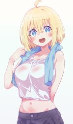 Rule 34 | 1girl, absurdres, ahoge, arbiter1, arm behind back, azur lane, bataan (azur lane), black pants, blonde hair, blue eyes, blush, breasts, cropped shirt, hair between eyes, highres, large breasts, looking at viewer, medium hair, midriff, navel, open mouth, pants, see-through clothes, see-through shirt, shirt, simple background, sleeveless, sleeveless shirt, smile, solo, stomach, towel, towel around neck, wet, wet clothes, wet shirt, white shirt