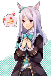 Rule 34 | 1girl, animal ears, armband, black coat, black skirt, bow, cake, cake slice, coat, commentary request, cowboy shot, ear ribbon, food, frilled shirt collar, frilled sleeves, frills, grey hair, heart, horse ears, horse girl, long hair, long sleeves, looking to the side, mejiro mcqueen (umamusume), own hands together, patterned background, pleated skirt, purple eyes, shirt, skirt, smile, solo, spoken food, swept bangs, takafuji yuna, thought bubble, twitter username, umamusume, w arms, white shirt