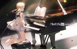 Rule 34 | 1girl, bandages, bandaged leg, bandages, bare arms, barefoot, black collar, blonde hair, bloomers, book, collar, commentary request, copyright name, cuffs, dress, floating hair, grand piano, highres, instrument, kneeling, lal!role, light, medium hair, nier (series), nier reincarnation, piano, piano bench, second-party source, see-through, see-through dress, shadow, sleeveless, sleeveless dress, solo, star (symbol), twintails, underwear, watermark, fio (nier)