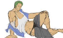 Rule 34 | 1boy, green hair, grin, presenting, looking at viewer, lying, male focus, muscular, naughty face, one piece, smile, solo, underwear, undressing, waribashi, zoro rorono