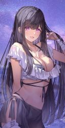 Rule 34 | 1girl, arm behind back, bare shoulders, black hair, blush, breasts, cleavage, hand in own hair, highres, large breasts, long hair, looking at viewer, navel, o-ring, off shoulder, open mouth, original, outdoors, purple eyes, shio kouji (shiokojii), sky, smile, solo, star (sky), starry sky, swimsuit