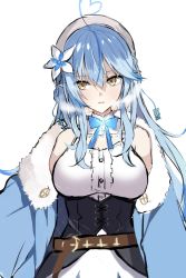 Rule 34 | 1girl, ahoge, argule0901, belt, beret, blue coat, blue hair, blue ribbon, blush, braid, breasts, breath, brown belt, cleavage, cleavage cutout, clothing cutout, coat, commentary, corset, cowboy shot, flower, fur-trimmed coat, fur trim, glowing, hair between eyes, hair flower, hair ornament, hat, heart, heart ahoge, highres, hololive, large breasts, light blue hair, long hair, looking to the side, multicolored hair, neck ribbon, open clothes, open coat, parted lips, pointy ears, ribbon, shirt, sidelocks, simple background, sleeveless, sleeveless shirt, solo, straight-on, streaked hair, two-tone hair, underbust, virtual youtuber, white background, white hat, white shirt, yellow eyes, yukihana lamy