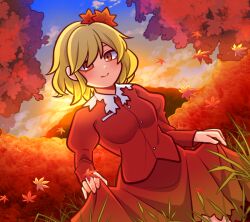 Rule 34 | 1girl, 1jumangoku, aki shizuha, autumn, autumn leaves, blonde hair, blue sky, brown eyes, buttons, closed mouth, cloud, collar, collared shirt, commentary request, cowboy shot, curtsey, dutch angle, eyelashes, falling leaves, gradient sky, grass, hair ornament, juliet sleeves, leaf, leaf hair ornament, light blush, long sleeves, medium hair, medium skirt, mountain, outdoors, pocket, puffy sleeves, red shirt, red skirt, red sleeves, shirt, skirt, skirt hold, skirt set, sky, smile, solo, sunset, touhou, tree, white collar