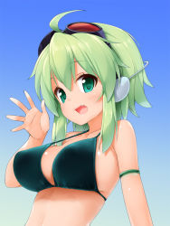 Rule 34 | 1girl, ahoge, armlet, bare shoulders, bikini, blush, breasts, fang, goggles, goggles on head, green eyes, green hair, gumi, headphones, highres, kaisen chuui, large breasts, long hair, matching hair/eyes, shiny skin, short hair, smile, solo, strap gap, swimsuit, upper body, vocaloid