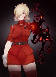 1girl badge belt black_belt blonde_hair blood breast_pocket breasts buttons commentary cowboy_shot english_commentary facing_viewer false_arm false_limb gloves glowing hair_over_one_eye hellsing high_collar highres large_breasts magic miniskirt missing_limb omega_haunter outline pocket red_eyes red_outline red_shirt red_skirt seras_victoria shirt short_hair skirt sleeves_rolled_up smile solo thighhighs vampire white_gloves wide_hips zettai_ryouiki