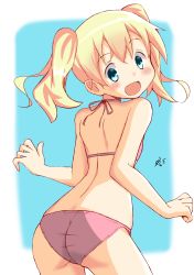 Rule 34 | 1girl, absurdres, alice cartelet, ass, bikini, blonde hair, blue background, blue eyes, clenched hand, from behind, highres, kin-iro mosaic, long hair, looking back, nasutane, open mouth, panties, pink bikini, simple background, smile, solo, swimsuit, twintails, underwear