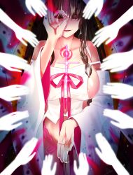 Rule 34 | 1girl, black hair, breasts, chest tattoo, closed eyes, commentary, cowboy shot, cutout above navel, detached sleeves, disembodied hand, dress, facing viewer, fate/grand order, fate (series), forehead tattoo, glowing tattoo, hand up, handprint, highres, huge breasts, long hair, long sleeves, mudra, open mouth, panties, parted bangs, pink panties, print sleeves, reito6, sessyoin kiara, sideboob, signature, smile, solo, stomach tattoo, tattoo, underwear, vitarka mudra, white dress, white veil, wide sleeves