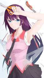 Rule 34 | 1girl, absurdres, arm up, armpits, bakemonogatari, black necktie, black skirt, blue eyes, boxcutter, breasts, closed mouth, collarbone, commentary request, cowboy shot, gradient background, grey background, highres, long hair, looking at viewer, medium breasts, monogatari (series), naoetsu high school uniform, necktie, ogurin8392, pen, pencil, pink skirt, pleated skirt, purple hair, school uniform, scissors, senjougahara hitagi, shadow, sidelocks, skirt, sleeves rolled up, solo, white background