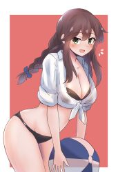 Rule 34 | 1girl, 702 (naotsu), absurdres, ball, beachball, bikini, black bikini, blush, border, braid, breasts, brown hair, cleavage, cowboy shot, green eyes, highres, holding, holding ball, holding beachball, kantai collection, large breasts, looking at viewer, noshiro (kancolle), official alternate costume, red background, shirt, simple background, solo, swimsuit, tied shirt, twin braids, white border, white shirt