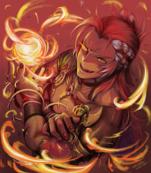 Rule 34 | 1boy, artist name, braid, chirochiro, crossed arms, fire, fireball, granblue fantasy, highres, jewelry, large pectorals, long hair, male focus, multicolored hair, muscular, muscular male, open mouth, pectorals, red hair, ring, smile, solo, two-tone hair, upper body, white hair, wilnas (granblue fantasy)