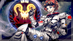 Rule 34 | 1girl, apex legends, armor, black gloves, blue eyes, book, cable, fingerless gloves, gloves, goggles, goggles on head, hair behind ear, highres, holding, holding book, holding pen, horizon (apex legends), crossed legs, open mouth, orange hair, pen, pointing, science fiction, short hair, sitting, smirk, solo, thinker 0616