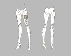Rule 34 | 1girl, android, ass, character sheet, commentary, doll joints, grey background, high heels, hito kaiki, joints, legs, multiple views, navel, neco, nh-01 (hito kaiki), robot joints, simple background, sketch