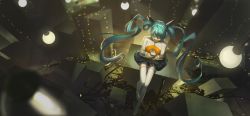 Rule 34 | 1girl, ahoge, aqua hair, black skirt, blurry, blurry background, bodysuit, breasts, city, commentary, depth of field, closed eyes, from above, full body, gloves, hair between eyes, hatsune miku, headphones, highres, holding, horns, lamp, long hair, medium breasts, night, no shoes, odds &amp; ends (vocaloid), reido (reido c), sitting, skinny, skirt, solo, thighhighs, twintails, vocaloid, white gloves, white thighhighs