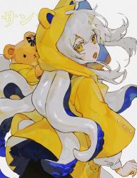 Rule 34 | 1girl, :o, animal ears, bear ears, commentary request, fake animal ears, highres, long hair, looking at viewer, looking back, original, orniflop, pleated skirt, raincoat, skirt, solo, stuffed animal, stuffed toy, teddy bear, tentacles, translation request, white background, white hair, yellow eyes, yellow raincoat