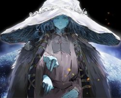 Rule 34 | 1boy, 1girl, blue eyes, blue hair, blue skin, cloak, coat, colored skin, cracked skin, elden ring, extra arms, fur cloak, fur coat, fur trim, hat, koio, long hair, moon, one eye closed, outstretched arms, ranni the witch, solo, spoilers, upper body, witch, witch hat