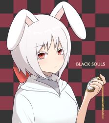 Rule 34 | 1girl, animal ears, black souls, braid, chain, checkered background, cloak, closed mouth, dress, hand up, highres, holding, holding pocket watch, long hair, long sleeves, looking at viewer, node (black souls), pocket watch, rabbit ears, red eyes, solo, udododo, very long hair, watch, white cloak, white dress, white hair