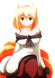 Rule 34 | 1girl, alternate costume, animal ears, arm support, blonde hair, breasts, brooch, brown eyes, cosplay, fox ears, fox tail, imaizumi kagerou, imaizumi kagerou (cosplay), jewelry, large breasts, long sleeves, looking at viewer, merry (diameri), multiple tails, off shoulder, red skirt, short hair, sitting, skirt, skirt set, smile, solo, tail, touhou, wide sleeves, yakumo ran