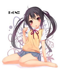 Rule 34 | 1girl, :o, arm support, barefoot, black hair, blush stickers, bow, brown eyes, chobipero, feet, k-on!, long hair, looking at viewer, nakano azusa, paw pose, sitting, solo, sweater vest, twintails, wariza