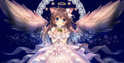 Rule 34 | 1girl, akabane (zebrasmise), animal ears, bare shoulders, blue background, blue eyes, blush, bow, brown hair, brown wings, cat ears, cat girl, cat tail, closed mouth, commentary request, criss-cross halter, dress, feathered wings, flower, gloves, hair between eyes, hair bow, halo, halterneck, head tilt, highres, holding, holding flower, long hair, looking at viewer, off-shoulder dress, off shoulder, original, puffy short sleeves, puffy sleeves, rose, short sleeves, smile, solo, star (symbol), tail, very long hair, white bow, white dress, white flower, white gloves, white rose, wings