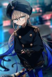 Rule 34 | 1boy, :/, black coat, black headwear, blue hair, blue pantyhose, blunt bangs, blurry, blurry background, buttons, captain nemo (fate), coat, commentary, cowboy shot, dutch angle, epaulettes, fate/grand order, fate (series), glasses, gold trim, gradient hair, hat feather, high collar, highres, holding, holding megaphone, holding own arm, light brown hair, liorac, long hair, long sleeves, looking at viewer, low twintails, megaphone, military, military uniform, multicolored hair, naval uniform, nemo (fate), pantyhose, sleeves past wrists, solo, symbol-only commentary, turban, twintails, uniform, very long hair