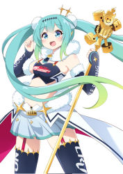 Rule 34 | 1girl, :d, black thighhighs, blue eyes, blue nails, blush, commentary, cowboy shot, crop top, detached sleeves, english commentary, fingernails, fur-trimmed sleeves, fur collar, fur trim, garter straps, gradient hair, green hair, hair between eyes, hair ornament, hands up, hatsune miku, holding, ikazu401, long hair, long sleeves, multicolored hair, nail polish, open mouth, pleated skirt, racing miku, racing miku (2018), sidelocks, simple background, skirt, sleeves past wrists, smile, solo, thighhighs, twintails, very long hair, vocaloid, white background, white skirt