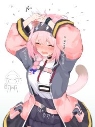 Rule 34 | 1girl, animal ears, arknights, arms up, black collar, black jacket, black skirt, blue bow, blue jacket, blush, bow, cat ears, cat girl, cat tail, closed eyes, collar, covering own ears, cowboy shot, cum, cum in ear, floppy ears, flying sweatdrops, goldenglow (arknights), hair bow, hair ornament, hairband, hairclip, heart, highres, id card, infection monitor (arknights), jacket, lanyard, lightning bolt print, long sleeves, multicolored clothes, multicolored jacket, open clothes, open jacket, open mouth, pcaccount13, pink hair, pink jacket, pouch, print hairband, shirt, simple background, skirt, solo focus, tail, translation request, white background, white shirt