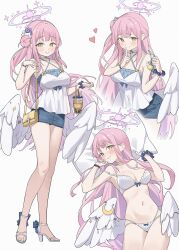 Rule 34 | 1girl, absurdres, angel wings, bag, blue archive, blue skirt, blush, bra, breasts, choker, closed mouth, crescent, crescent pin, drink, drinking straw, feathered wings, flower, grin, hair bun, hair flower, hair ornament, halo, halterneck, high heels, highres, large breasts, long hair, midori xu, mika (blue archive), multiple views, navel, panties, pink hair, pink halo, purple flower, shirt, simple background, single side bun, skirt, smile, underwear, white background, white bra, white choker, white footwear, white panties, white shirt, white wings, wings, yellow eyes