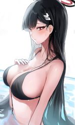 Rule 34 | 1girl, absurdres, bikini, black bikini, black hair, blue archive, blunt bangs, breasts, closed mouth, commentary, dasha, hair ornament, hairclip, halo, hand on own chest, highres, large breasts, long hair, looking at viewer, partially submerged, red eyes, rio (blue archive), solo, swimsuit, upper body, water, wet