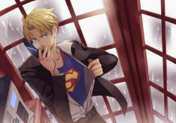 Rule 34 | 1boy, america (hetalia), axis powers hetalia, blonde hair, blue eyes, clothes writing, corded phone, cosplay, crossover, dc comics, epic, formal, male focus, mimosa, phone, phone booth, rain, s shield, solo, suit, superman, superman (cosplay), superman (series), talking on phone