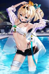 Rule 34 | 1girl, aqua eyes, arms up, bandaged leg, bandages, bare shoulders, black choker, black shorts, blonde hair, breasts, chest sarashi, choker, cleavage, commentary request, contrapposto, hair between eyes, hair ornament, hololive, inari (ambercrown), kazama iroha, leaf hair ornament, looking at viewer, medium breasts, medium hair, navel, night, off shoulder, open mouth, outdoors, ponytail, sarashi, see-through, short shorts, shorts, sidelocks, smile, solo, stomach, virtual youtuber, wading, water, wet