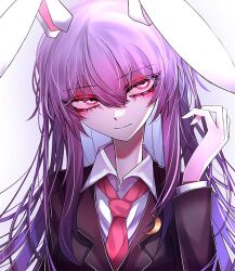 Rule 34 | 1girl, 33 gaff, animal ears, closed mouth, commentary, crescent, crescent pin, glowing, glowing eyes, hair between eyes, long hair, long sleeves, looking at viewer, necktie, purple hair, rabbit ears, rabbit girl, red eyes, red necktie, reisen udongein inaba, simple background, solo, touhou, upper body, white background