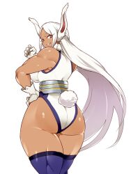 Rule 34 | 1girl, animal ears, ass, bare shoulders, boku no hero academia, breasts, clenched hand, clothing cutout, curvy, dark-skinned female, dark skin, from behind, fur collar, gloves, hand on own hip, hanzo (2929), highleg, highleg leotard, highres, huge ass, large breasts, leotard, long eyelashes, long hair, looking at viewer, mirko, parted bangs, parted lips, purple thighhighs, rabbit ears, rabbit girl, rabbit tail, red eyes, sleeveless turtleneck leotard, smile, solo, tail, tail through clothes, thick thighs, thighhighs, thighs, toned, very long hair, white background, white gloves, white hair, white leotard, wide hips