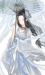 Rule 34 | 1girl, absurdres, black hair, breasts, cleavage, dress, closed eyes, facing viewer, floral print, flower, hair flower, hair ornament, highres, holding, holding umbrella, jewelry, jijinjiji, long hair, low-tied long hair, miracle nikki, necklace, parasol, silver dress, solo, standing, umbrella, very long hair, white umbrella, wide sleeves