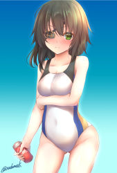 Rule 34 | 1girl, blue background, breasts, can, cleavage, commentary request, competition swimsuit, drink can, eyepatch, gradient background, green eyes, green hair, highres, kamijou sadame, kantai collection, kiso (kancolle), looking at viewer, medium breasts, one-hour drawing challenge, one-piece swimsuit, short hair, soda can, solo, standing, swimsuit, twitter username, white one-piece swimsuit