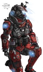 Rule 34 | 1girl, animification, armor, assault visor, black bodysuit, bodysuit, glowing, hand on own thigh, highres, holo pilot (titanfall 2), knee pads, kotone a, looking to the side, on one knee, pilot (titanfall 2), pouch, radio antenna, red armor, science fiction, shoulder armor, solo, titanfall (series), titanfall 2, translation request, white background