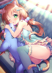 Rule 34 | 1girl, animal ear fluff, animal ears, babydoll, bare arms, bare shoulders, blush, breasts, brown hair, cat ears, cat girl, cat tail, commentary request, couch, feet out of frame, fish hair ornament, frilled thighhighs, frills, green eyes, green thighhighs, hair ornament, highres, indoors, long hair, low twintails, lying, medium breasts, mikeou, hugging object, on couch, on side, one eye closed, open mouth, original, panties, side-tie panties, solo, stuffed animal, stuffed shark, stuffed toy, tail, thighhighs, twintails, underwear, very long hair, white panties
