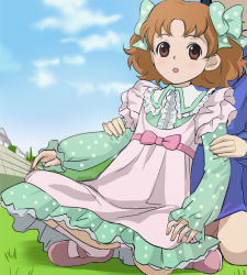Rule 34 | 1girl, apron, blue sky, bow, brown eyes, brown hair, cloud, day, frilled apron, frilled skirt, frilled sleeves, frills, grass, hair bow, hair ribbon, haruno yuri, haruyama kazunori, kuromajo-san ga tooru!!, looking at viewer, mary janes, on grass, outdoors, panties, pantyshot, polka dot, polka dot ribbon, ribbon, shoes, short twintails, sitting, skirt, sky, twintails, underwear, upskirt