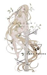 Rule 34 | 1girl, absurdly long hair, ass, barefoot, bity3155660241, blonde hair, breasts, closed mouth, completely nude, english text, flower, from side, full body, holding, holding scissors, holding weapon, injury, leaf, long hair, looking at viewer, medium breasts, nude, original, pillar, plant, red eyes, scissors, simple background, sitting, solo, very long hair, vines, watermark, weapon, white background