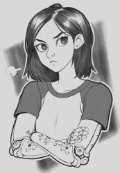 Rule 34 | 1girl, alita, alita: battle angel, battle angel alita, commentary, cropped torso, crossed arms, cyborg, effy neprin, english commentary, flat chest, frown, greyscale, highres, mechanical arms, medium hair, monochrome, shirt, solo, t-shirt, upper body